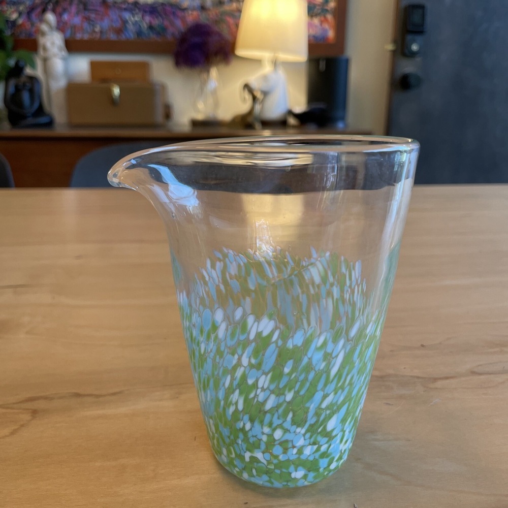 VINTAGE STUDIO CRAFTED BLUE GREEN COLORED HAND BLOWN ART GLASS PITCHER 4.75"